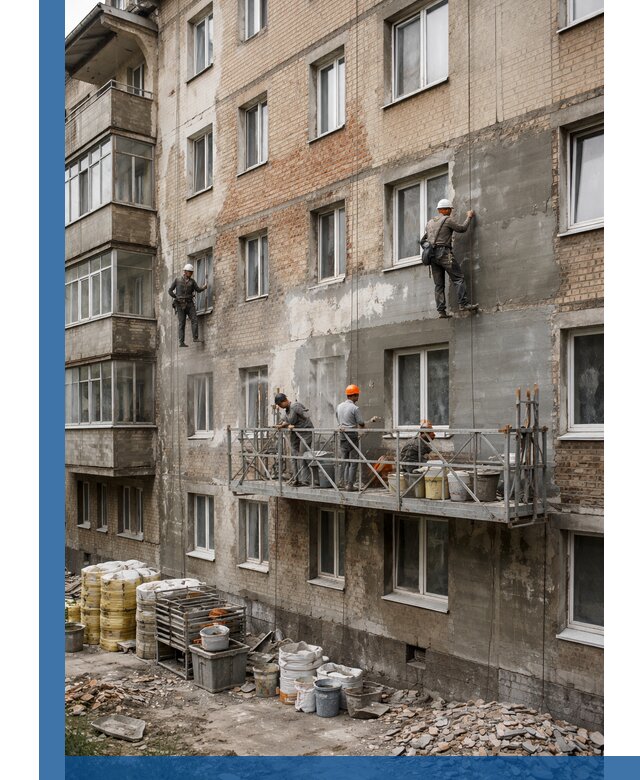 Капитальный ремонт фасада в Горячем Ключе с восстановлением и гидроизоляцией