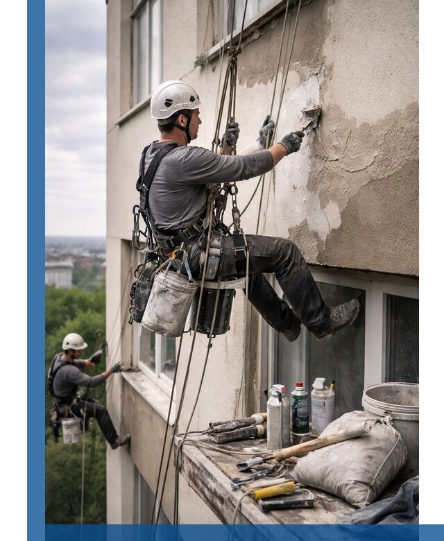Косметический ремонт фасада зданий в Горячем Ключе промышленными альпинистами