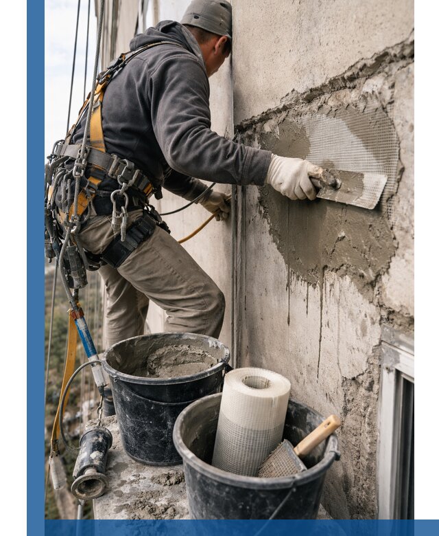 Ремонт бетонных элементов фасада промышленными альпинистами в Горячем Ключе