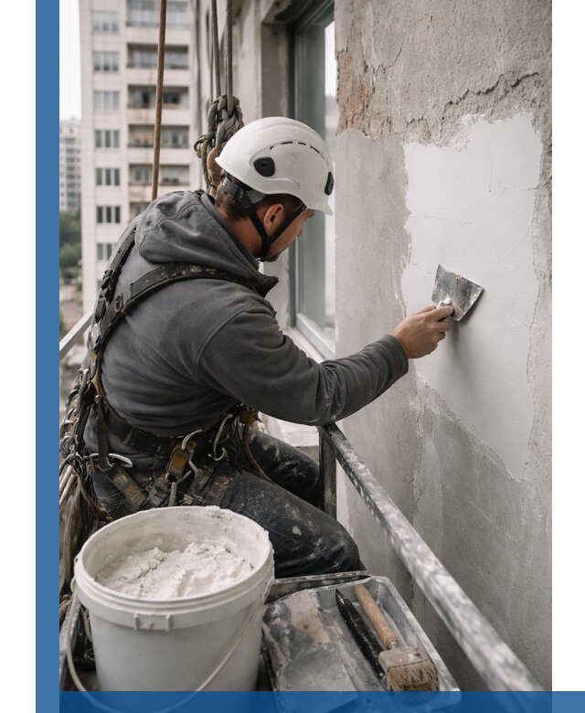 Шпаклевка фасадов на высоте с промальпинистами в Горячем Ключе