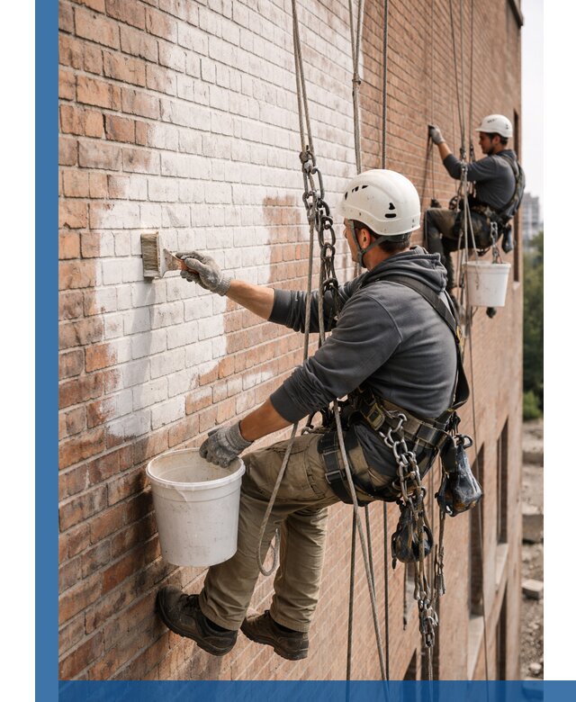 Покраска кирпичного фасада с доступным альпинистским сервисом в Горячем Ключе