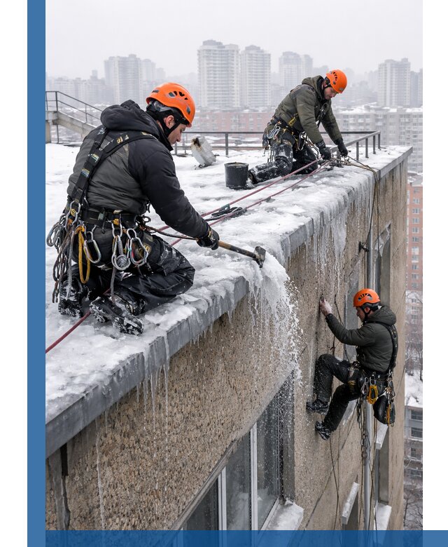 Удаление наледи с кровли в Горячем Ключе промышленными альпинистами