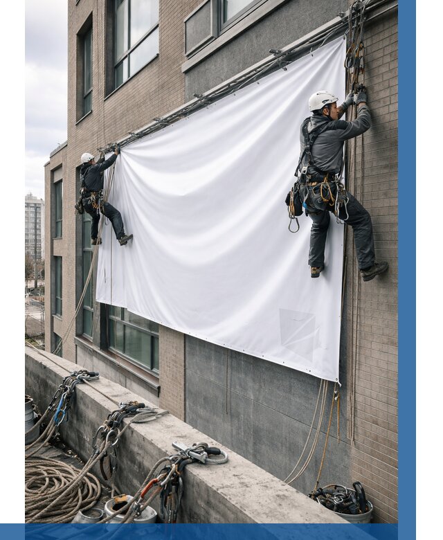 Монтаж баннеров на фасаде в Горячем Ключе от 672 р. заказать ВЫСОТНИК-Грч