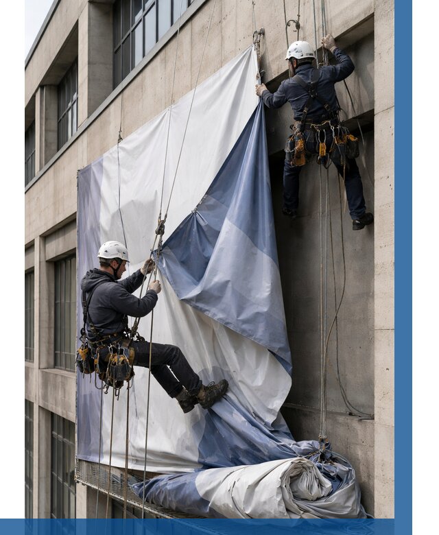 Демонтаж баннеров с фасада в Горячем Ключе от 4650 р. | ВЫСОТНИК-Грч