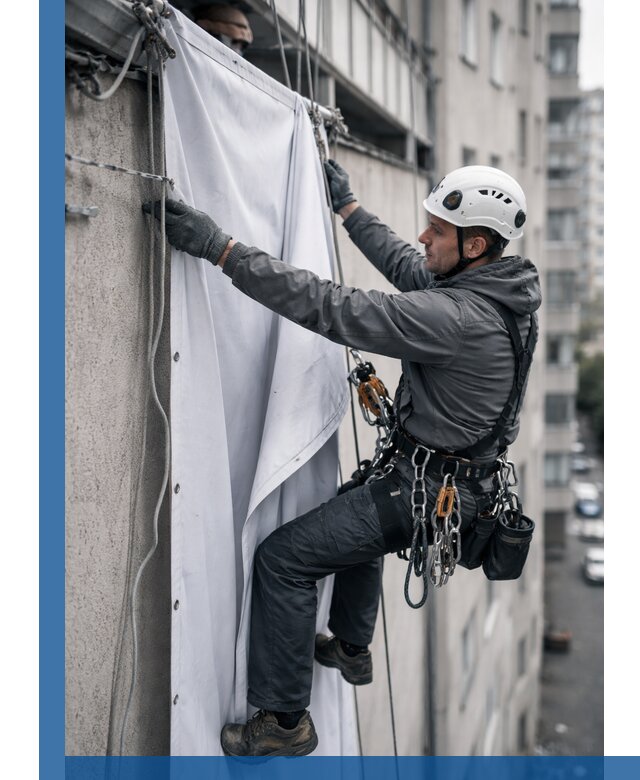 Замена баннерного полотна промышленными альпинистами в Горячем Ключе