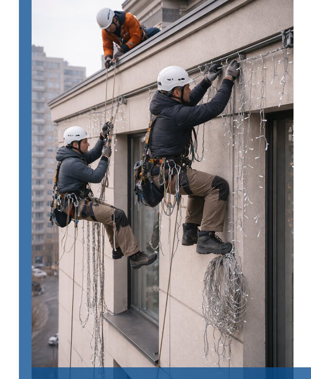 Монтаж праздничных гирлянд на фасаде в Горячем Ключе для зданий