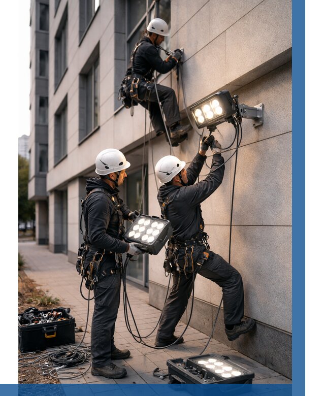 Монтаж прожекторов на фасаде в Горячем Ключе от 7750 р. | ВЫСОТНИК-Грч