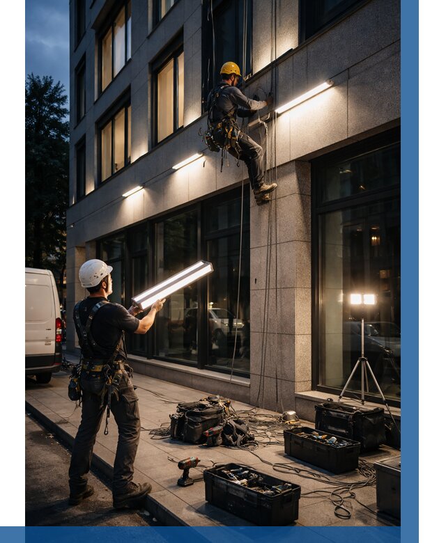 Монтаж архитектурной подсветки здания в Горячем Ключе от 2583 р.|ВЫСОТНИК-Грч