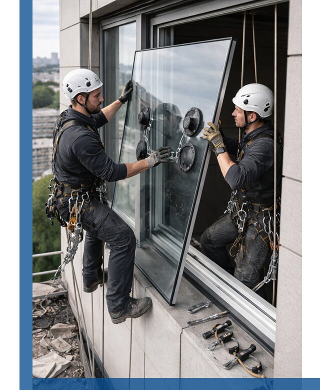 Замена стеклопакетов на высоте с промышленными альпинистами в Горячем Ключе