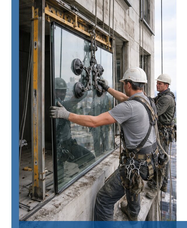 Монтаж стеклопакетов на высоте в Горячем Ключе с промышленным альпинизмом