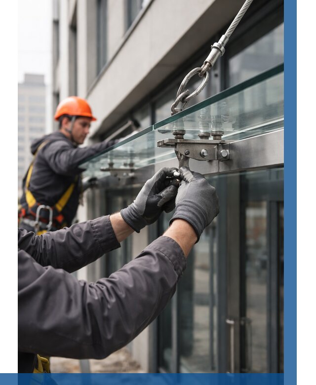 Монтаж стеклянных козырьков в Горячем Ключе от 8783 р. | ВЫСОТНИК-Грч