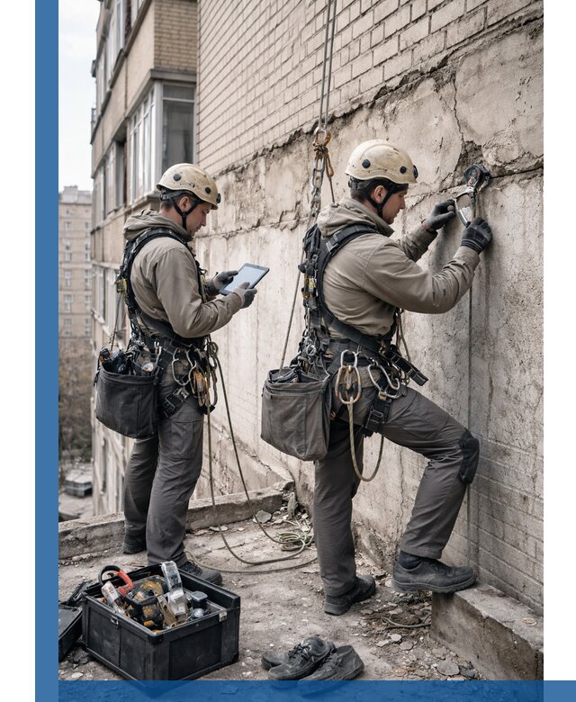 Обследование фасада промышленными альпинистами в Горячем Ключе